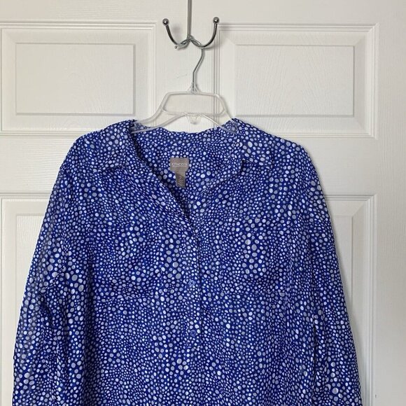 Chico’s Polka Dot Popover Thin Sheer Poly Blouse Blue White Size Medium (2) - Picture 2 of 11